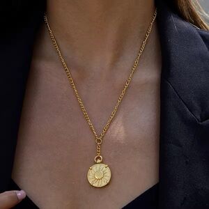 18K Gold Plated Waterproof Sun Coin Pendant Necklace